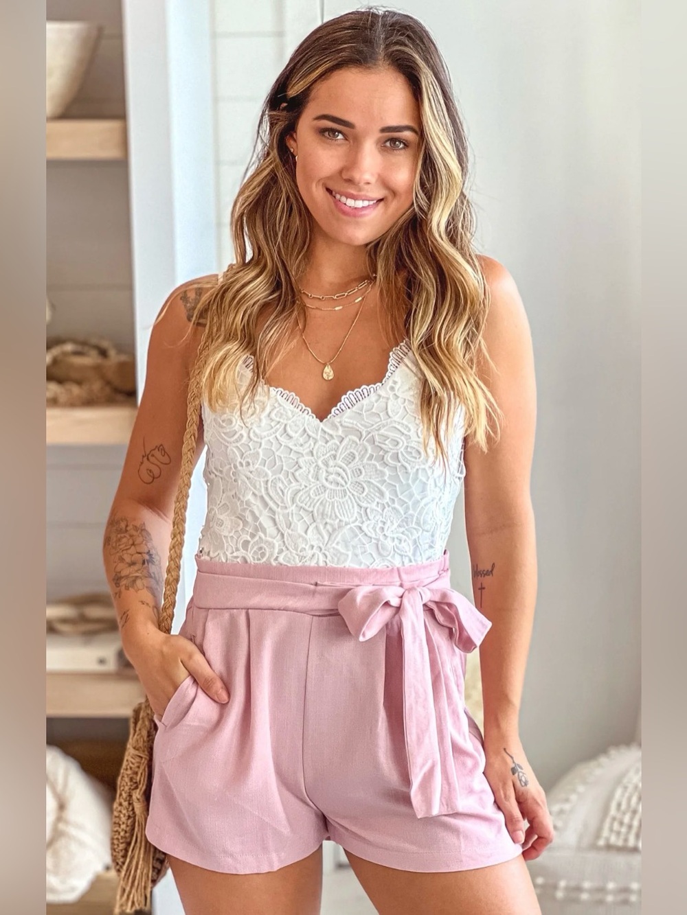 Love Tree White Lace & Dusty Pink Tie-Waist Romper, medium